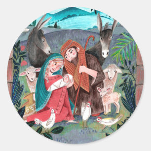 Pegatina Redonda Escena religiosa de la natividad azul, María y Jos