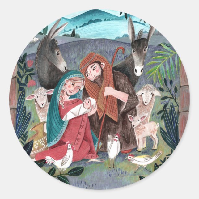 Pegatina Redonda Escena religiosa de la natividad azul, roja Mary y (Anverso)