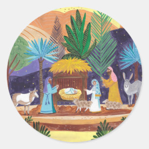 Pegatina Redonda Escena religiosa de la Natividad Gloria a Dios Nav