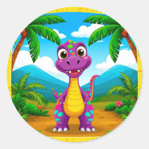 Pegatina Redonda Escena Tropical de Dinosaurio de Dibujos Animados 