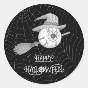 Pegatina Redonda escoba de brujas de Halloween, ojo temible, telara