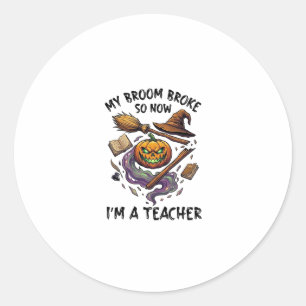 Pegatina Redonda Escoba Rompió Profesor Halloween Calabaza Sombrero