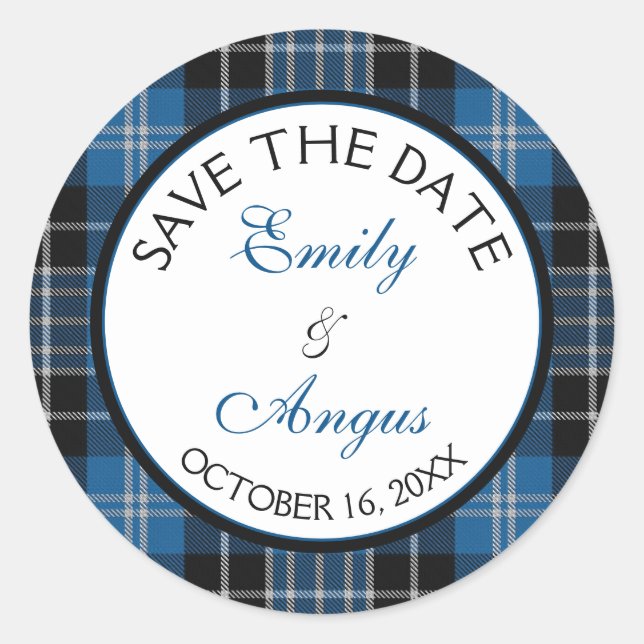 Pegatina Redonda Escocés Clarke Clark Tartan Boda Save a Date (Anverso)