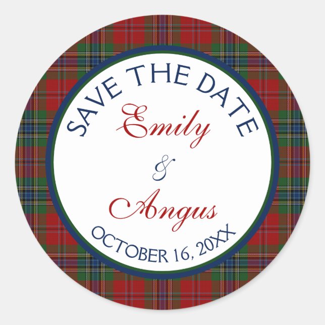 Pegatina Redonda Escocés McLean MacLean Boda Tartan Save a Date (Anverso)