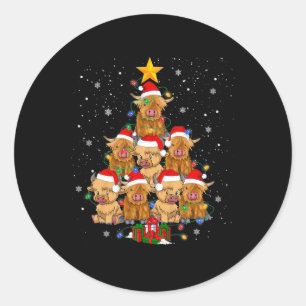 Pegatina Redonda Escocia Highland Cow Christmas Tree Funny Cow Lov