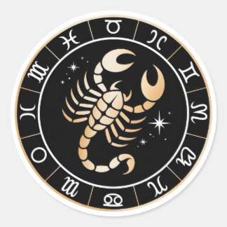 Pegatina Redonda Escorpio Zodiaco Constelación Elegante Dorado Negr