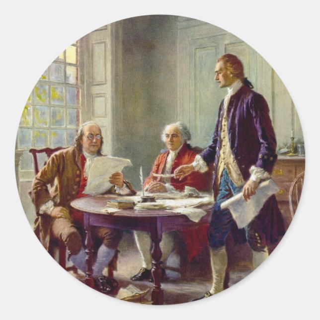 Pegatina Redonda Escribiendo la Declaración de Independencia 1776 (Anverso)