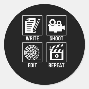 Pegatina Redonda Escribir Disparo Editar Repetir Cineasta Gracioso