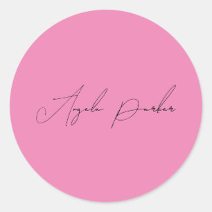 Pegatina Redonda Escritura a mano Nombre profesional simple rosa si
