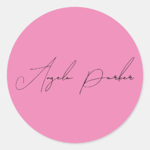 Pegatina Redonda Escritura a mano Nombre profesional simple rosa si