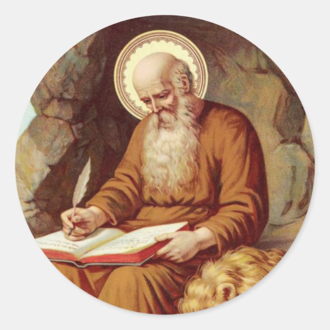 Pegatina Redonda Escritura de escritura de St. Jerome con león (Anverso)
