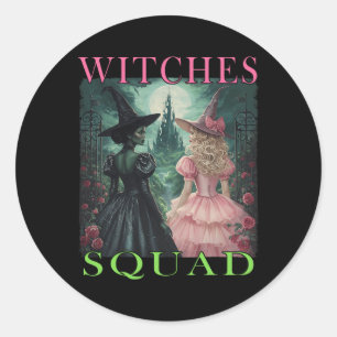 Pegatina Redonda Escuadrón De Brujas Halloween Toca A Bruja Rosa Y