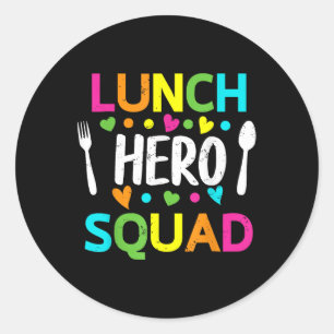 Pegatina Redonda Escuadrón de Héroes de Almuerzo Señora Divertida T