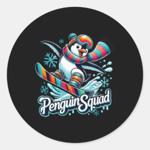 Pegatina Redonda Escuadrón Pingüino Deportes De Invierno Snowboard