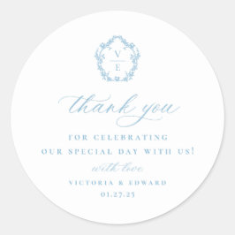 Pegatina Redonda Escudo azul claro Monograma Boda Gracias