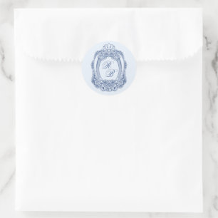 Pegatina Redonda Escudo barroco Boda de Iniciales Azules Francesas