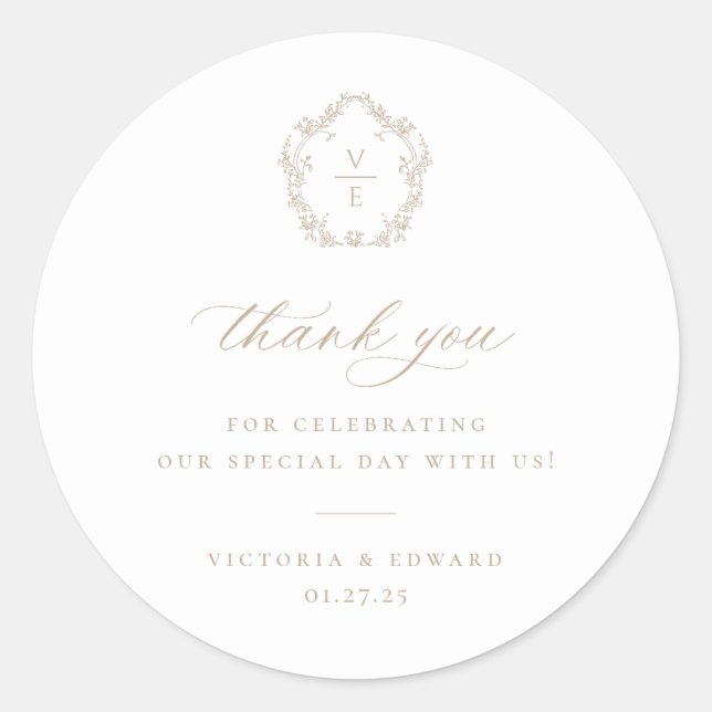 Pegatina Redonda Escudo Beige Vintage Monograma Boda Gracias (Anverso)