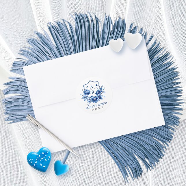 Pegatina Redonda Escudo Chinoiserie floral azul y boda de iniciales (Subido por el creador)
