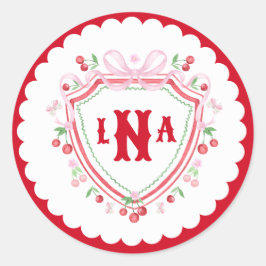 Pegatina Redonda Escudo Coquette Cherry Monogram Shower