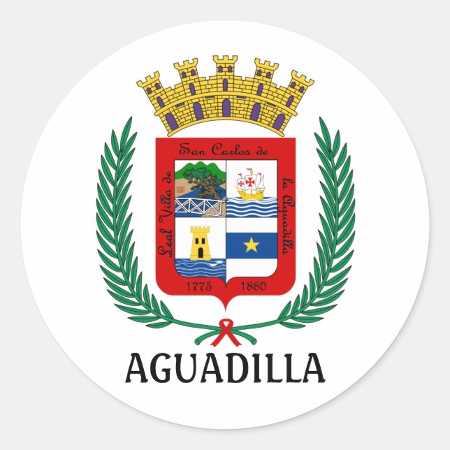 Pegatina Redonda Escudo de armas de Aguadilla, Puerto Rico (Anverso)