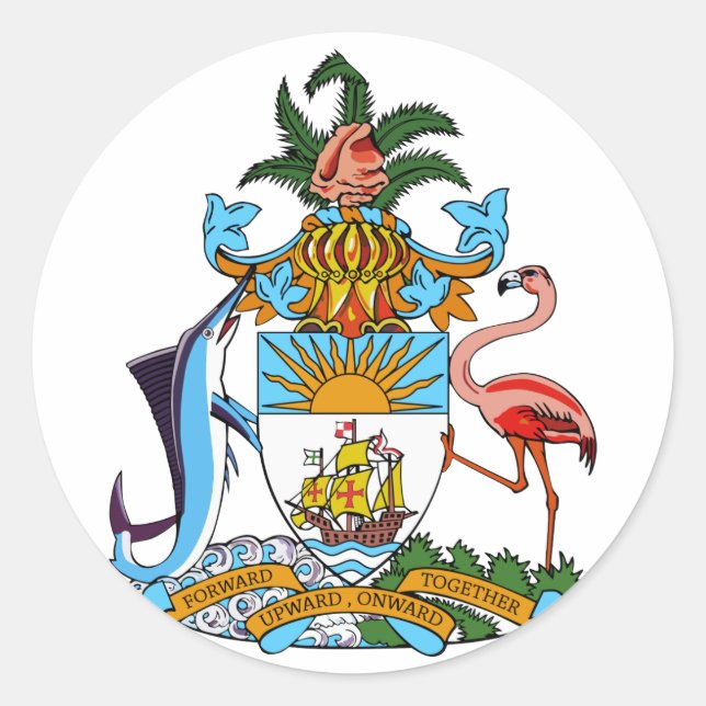 Pegatina Redonda Escudo De Armas De Bahamas (Anverso)