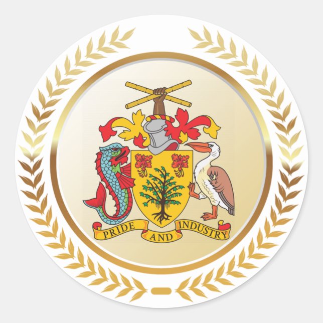 Pegatina Redonda Escudo de armas de Barbados (Anverso)