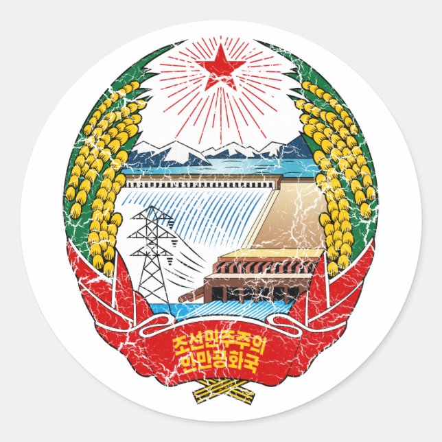 Pegatina Redonda Escudo De Armas De Corea Del Norte (Anverso)