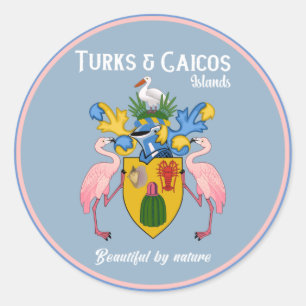 Pegatina Redonda Escudo De Armas De Turcas Y Caicos