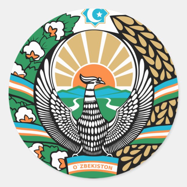 Pegatina Redonda Escudo De Armas De Uzbekistán (Anverso)