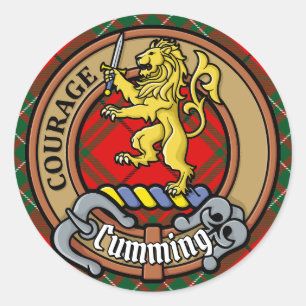 Pegatina Redonda Escudo de armas del Clan Cumming sobre tartán