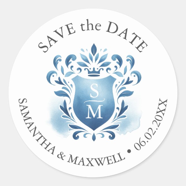 Pegatina Redonda Escudo de color de agua monogramado (Anverso)