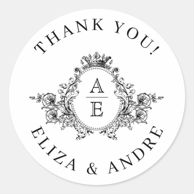 Pegatina Redonda Escudo de cosecha Monograma Boda blanco y negro (Anverso)