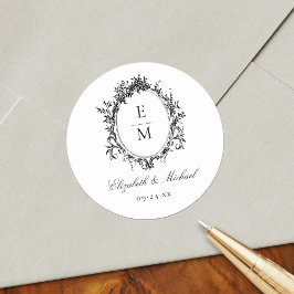 Pegatina Redonda Escudo de cosecha Monograma Boda formal botánico