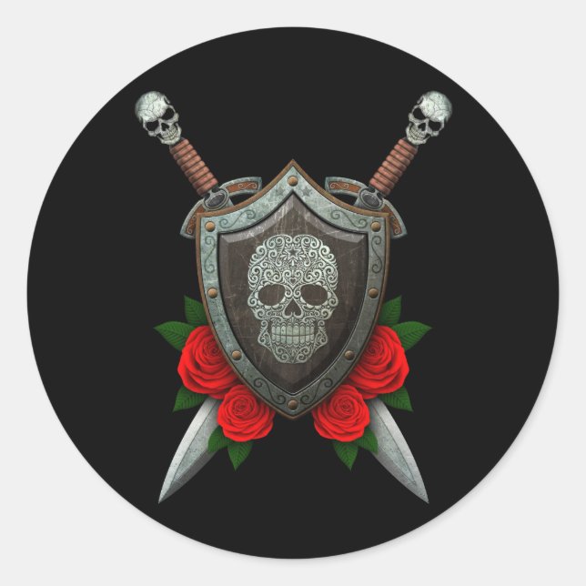 Pegatina Redonda Escudo de cráneo de azúcar y espadas giratorias co (Anverso)