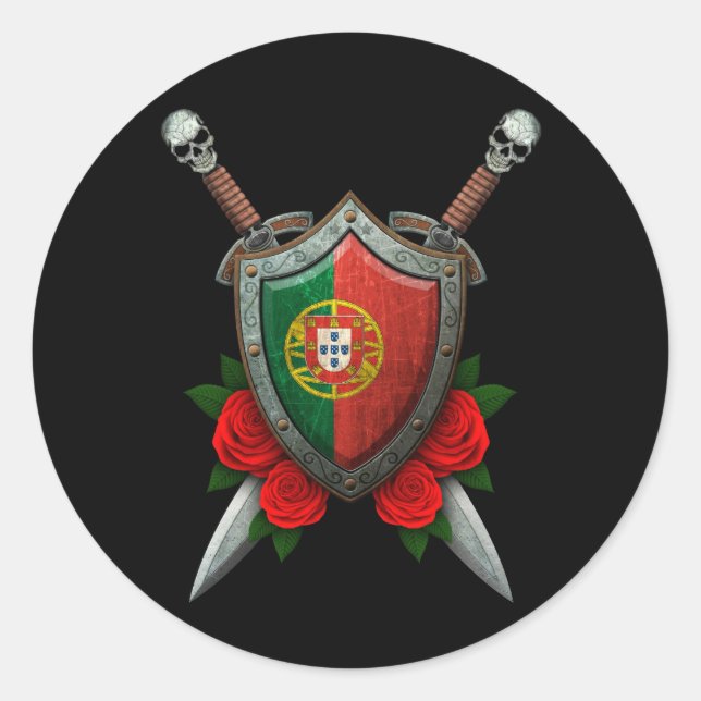 Pegatina Redonda Escudo de la bandera portuguesa y espadas con Rosa (Anverso)