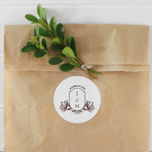 Pegatina Redonda Escudo de Monograma Botánico Vintage (Subido por el creador)