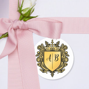 Pegatina Redonda Escudo de monograma de boda dorado