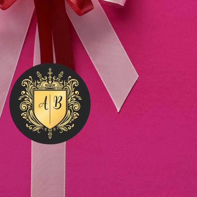 Pegatina Redonda Escudo de Monograma de Boda Dorado (Subido por el creador)