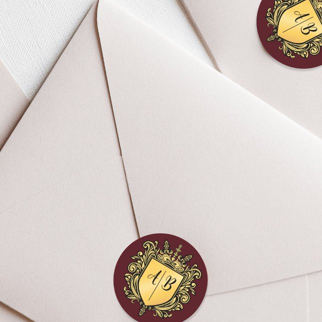 Pegatina Redonda Escudo de monograma de boda dorado (Subido por el creador)