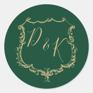 Pegatina Redonda Escudo de oro monogramado y Boda verde forestal
