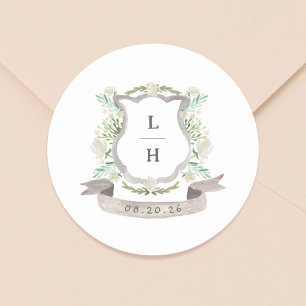 Pegatina Redonda Escudo floral Acuarela Monograma Boda