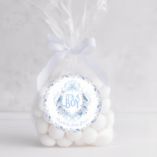 Pegatina Redonda Escudo Floral Azul Bow es un niño Baby Shower