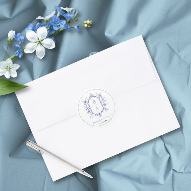 Pegatina Redonda Escudo floral azul elegante monograma boda de bord (Subido por el creador)