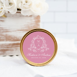 Pegatina Redonda Escudo floral elegante Monograma Boda rosa