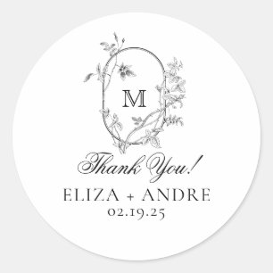 Pegatina Redonda Escudo Floral Monograma Gracias Boda