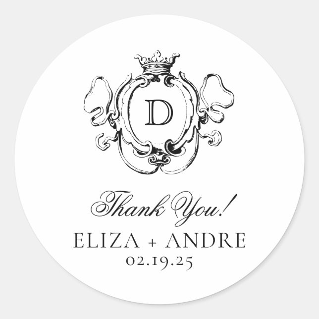 Pegatina Redonda Escudo formal Boda Monograma blanco y negro (Anverso)