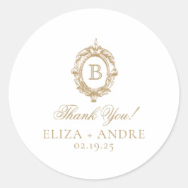 Pegatina Redonda Escudo Monograma de Oro Antiguo