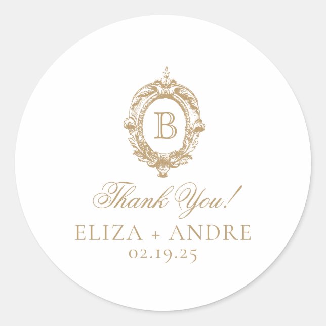 Pegatina Redonda Escudo Monograma de Oro Antiguo (Anverso)