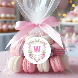 Pegatina Redonda Escudo Monograma del Coche de Golf Rosa y Verde de