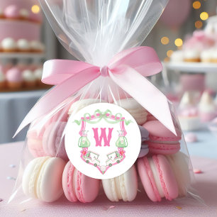 Pegatina Redonda Escudo Monograma del Coche de Golf Rosa y Verde de